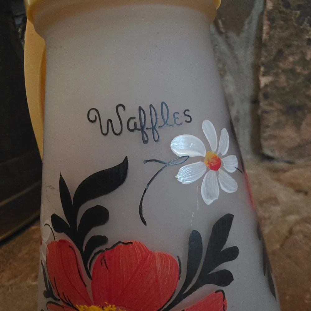 Vintage 50s Hazel Atlas frosted glass painted Poppy waffle and syrup pitcher set